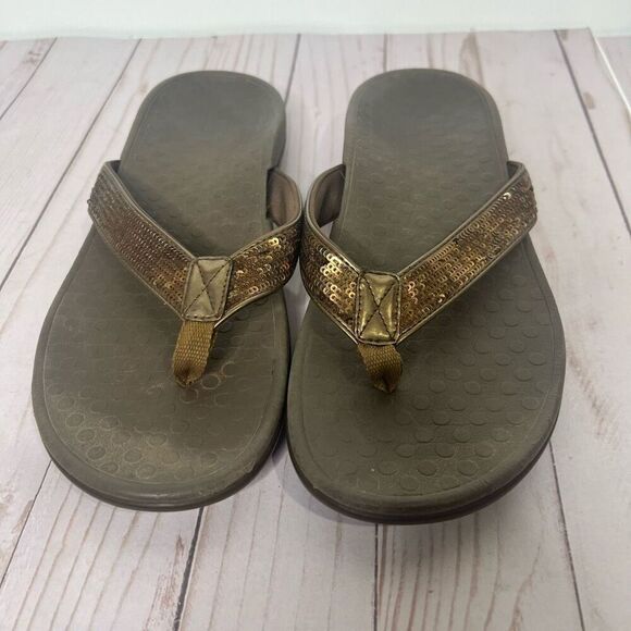 Vionic Tide Bronze Metallic Sequins Orthaheel Brown Flip Flip Sandals Sz 9 - Picture 1 of 5